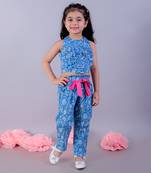 Jaipur girls blue printed top with printed pant co-ordinate set