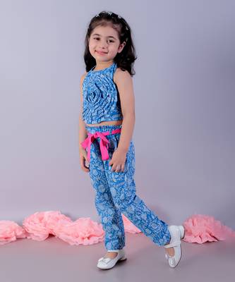 Jaipur girls blue printed top with printed pant co-ordinate set 4