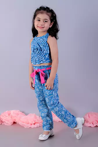 Jaipur girls blue printed top with printed pant co-ordinate set