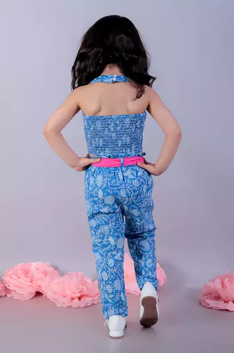 Jaipur girls blue printed top with printed pant co-ordinate set