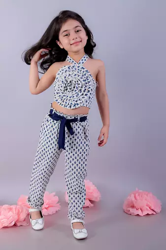 Jaipur girls white printed top with printed pant co-ordinate set
