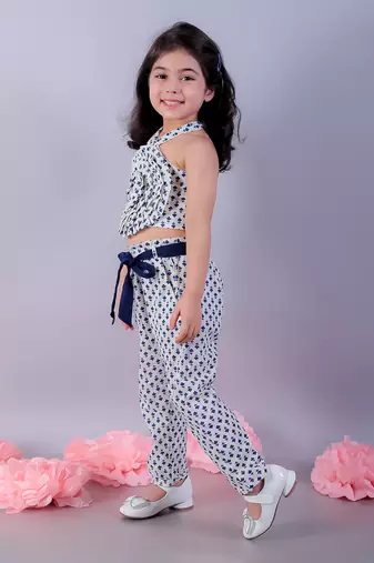 Jaipur girls white printed top with printed pant co-ordinate set