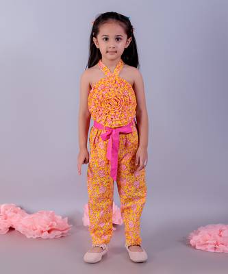 Jaipur girls yellow printed top with printed pant co-ordinate set 1