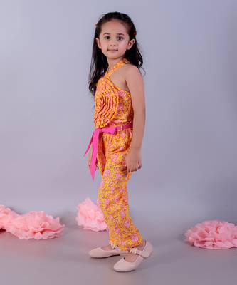 Jaipur girls yellow printed top with printed pant co-ordinate set 2