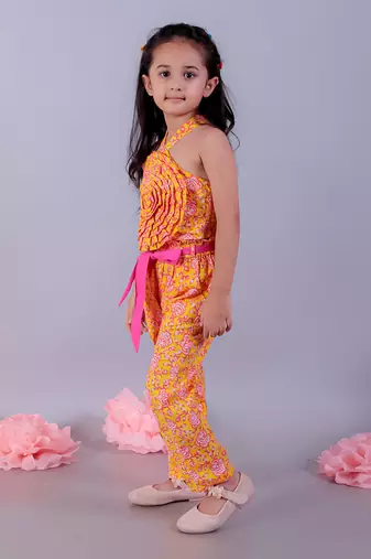 Jaipur girls yellow printed top with printed pant co-ordinate set