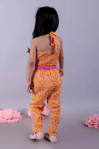 Jaipur girls yellow printed top with printed pant co-ordinate set