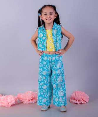 Jaipur girls blue printed top with printed pant co-ordinate set 1