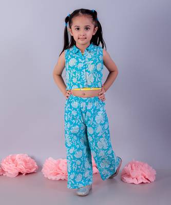 Jaipur girls blue printed top with printed pant co-ordinate set 2