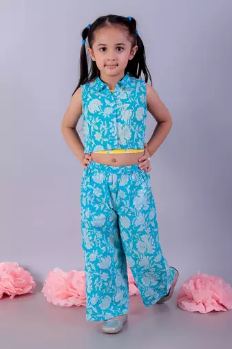 Jaipur girls blue printed top with printed pant co-ordinate set