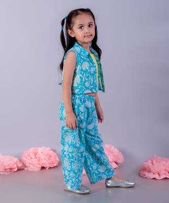 Jaipur girls blue printed top with printed pant co-ordinate set 4