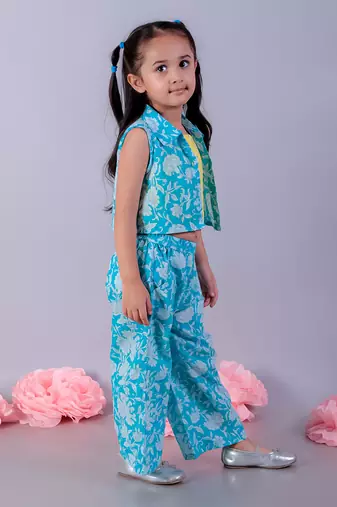 Jaipur girls blue printed top with printed pant co-ordinate set