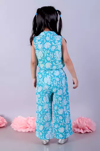 Jaipur girls blue printed top with printed pant co-ordinate set