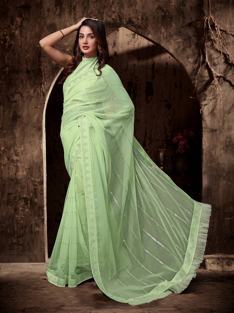 Trendmalls Parrot Green Woven Silk Saree for Women