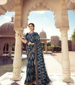 Blue raw silk Bland zikzak design printed lace border saree with blouse