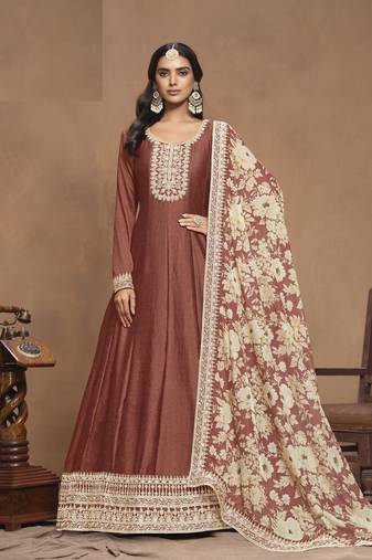 Brown Embroidered Art Silk Anarkali with Organza Dupatta