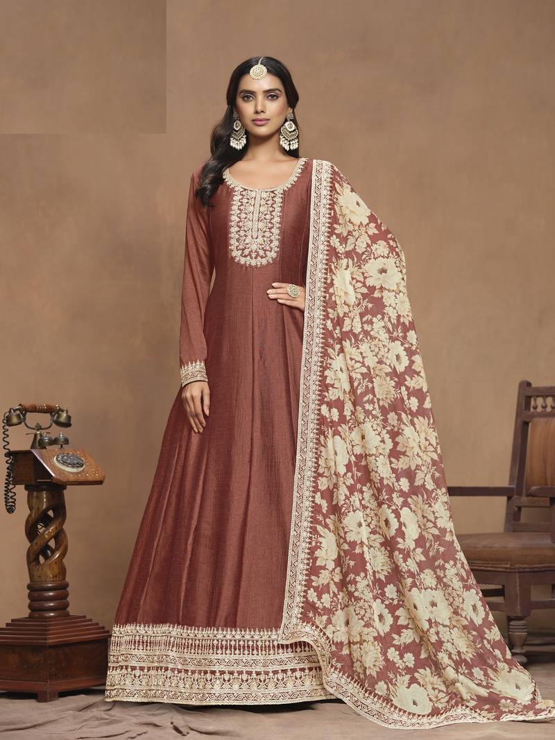 Copper Brown Embroidered Art Silk Anarkali with Organza Dupatta