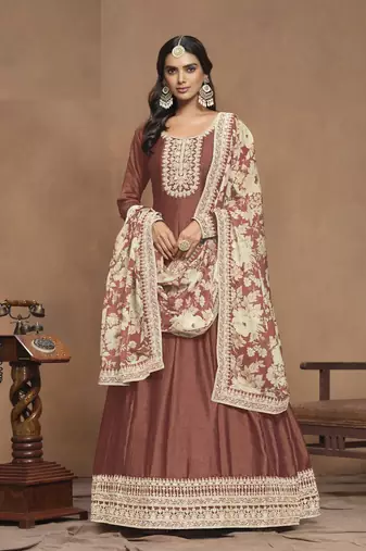 Brown Embroidered Art Silk Anarkali with Organza Dupatta