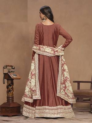 Brown Embroidered Art Silk Anarkali with Organza Dupatta 3