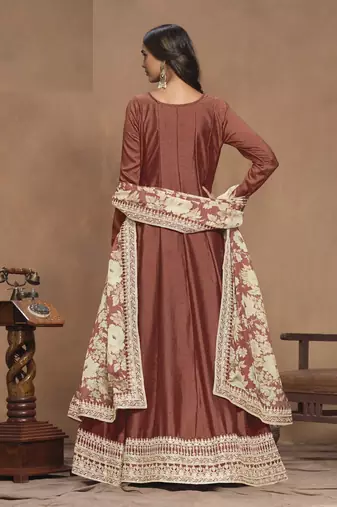 Brown Embroidered Art Silk Anarkali with Organza Dupatta