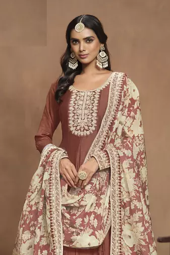 Brown Embroidered Art Silk Anarkali with Organza Dupatta