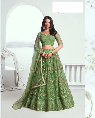 Pista Green Heavy Embroidery Net Semi Stitch A Line Lehenga With Blouse 1