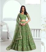 Pista Green Heavy Embroidery Net Semi Stitch A Line Lehenga With Blouse