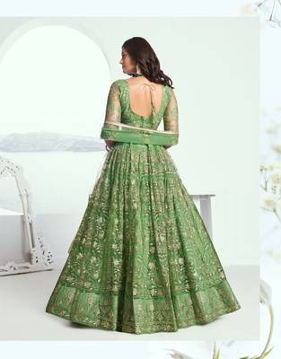Pista Green Heavy Embroidery Net Semi Stitch A Line Lehenga With Blouse 4
