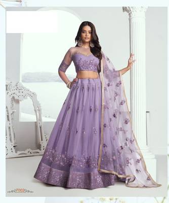 Lavender Green Heavy Embroidery Net Semi Stitch A Line Lehenga With Blouse 1