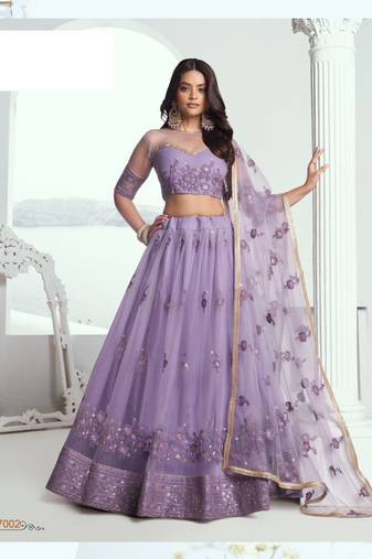 Lavender Green Heavy Embroidery Net Semi Stitch A Line Lehenga With Blouse