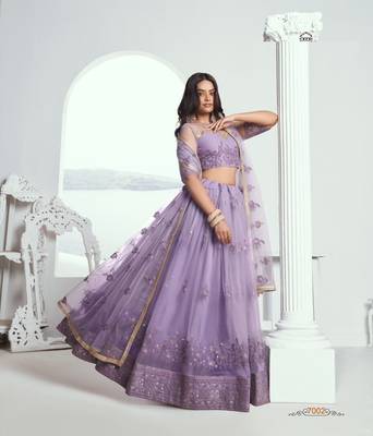 Lavender Green Heavy Embroidery Net Semi Stitch A Line Lehenga With Blouse 3