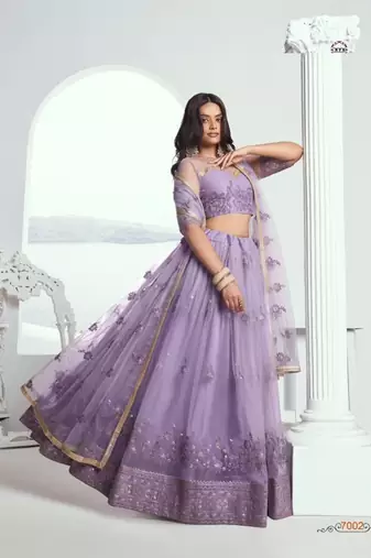 Lavender Green Heavy Embroidery Net Semi Stitch A Line Lehenga With Blouse