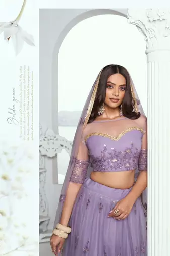 Lavender Green Heavy Embroidery Net Semi Stitch A Line Lehenga With Blouse