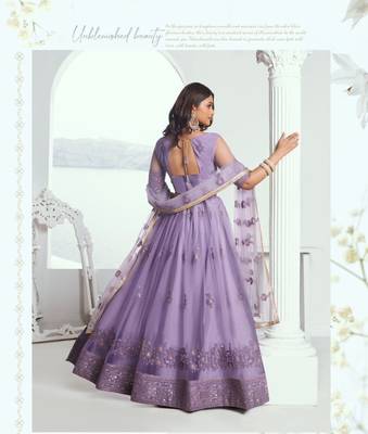 Lavender Green Heavy Embroidery Net Semi Stitch A Line Lehenga With Blouse 5