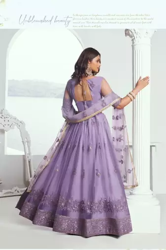 Lavender Green Heavy Embroidery Net Semi Stitch A Line Lehenga With Blouse