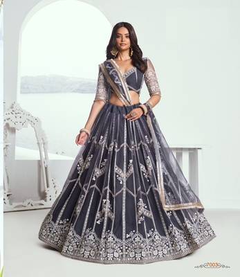 Grey Heavy Embroidery Net Semi Stitch A Line Lehenga With Blouse 1