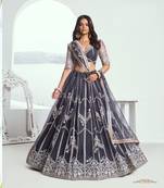 Grey Heavy Embroidery Net Semi Stitch A Line Lehenga With Blouse