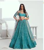 Emerald Green Heavy Embroidery Net Semi Stitch A Line Lehenga With Blouse