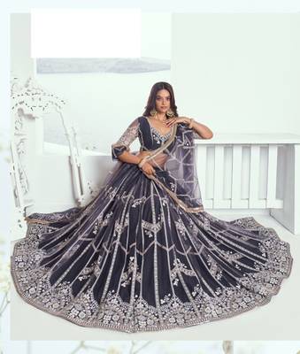 Grey Heavy Embroidery Net Semi Stitch A Line Lehenga With Blouse 3