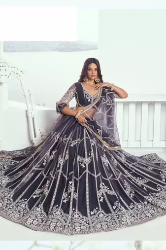 Grey Heavy Embroidery Net Semi Stitch A Line Lehenga With Blouse