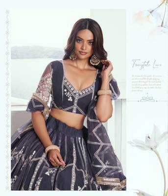 Grey Heavy Embroidery Net Semi Stitch A Line Lehenga With Blouse 4