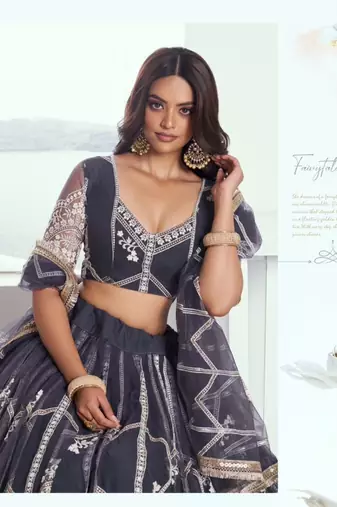 Grey Heavy Embroidery Net Semi Stitch A Line Lehenga With Blouse