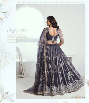 Grey Heavy Embroidery Net Semi Stitch A Line Lehenga With Blouse 5