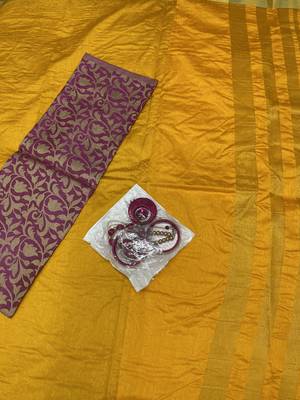Yellow Plain Tussar Silk Blend Saree With Blouse 2