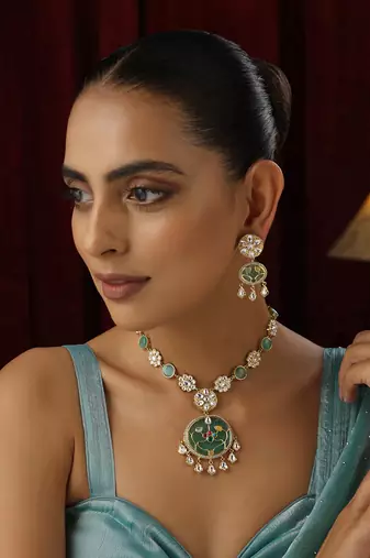 Mint polki pendant necklace set