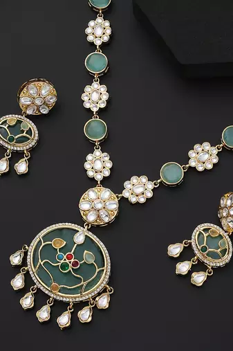 Mint polki pendant necklace set
