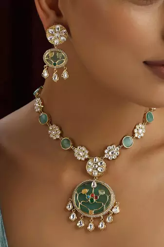 Mint polki pendant necklace set
