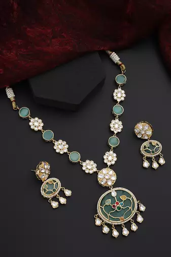 Mint polki pendant necklace set