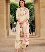 MOJILAA Women's Off-White Viscose Silk Floral Embroidered Straight Kurta With Afghani Salwar & Dupatta