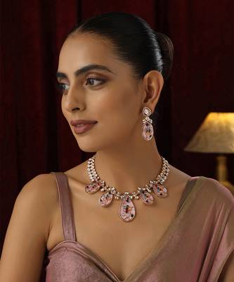 Pink Brass Polki Neklace Set 1