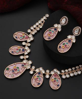 Pink Brass Polki Neklace Set 2